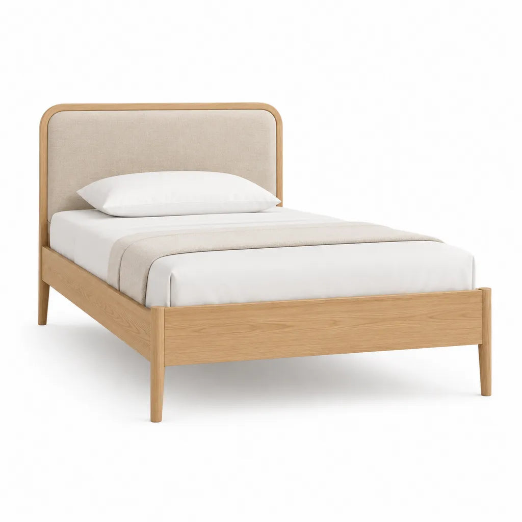 Cadre de lit double 140 x 190 cm en chene massif avec tete de lit capitonnee beige