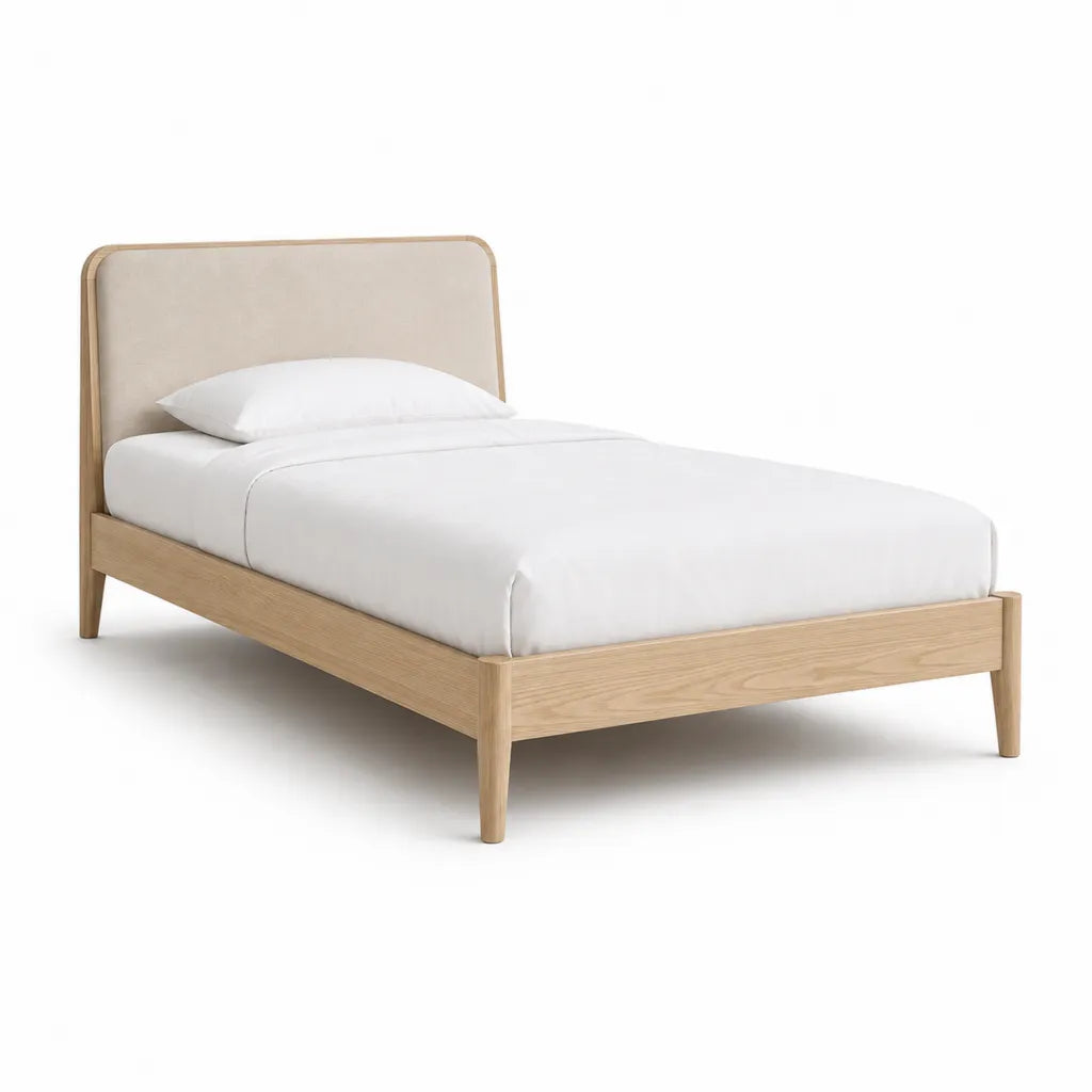Cadre de lit double 140 x 190 cm en bois massif d'hevea avec tete de lit rectangulaire rembourree beige et naturel