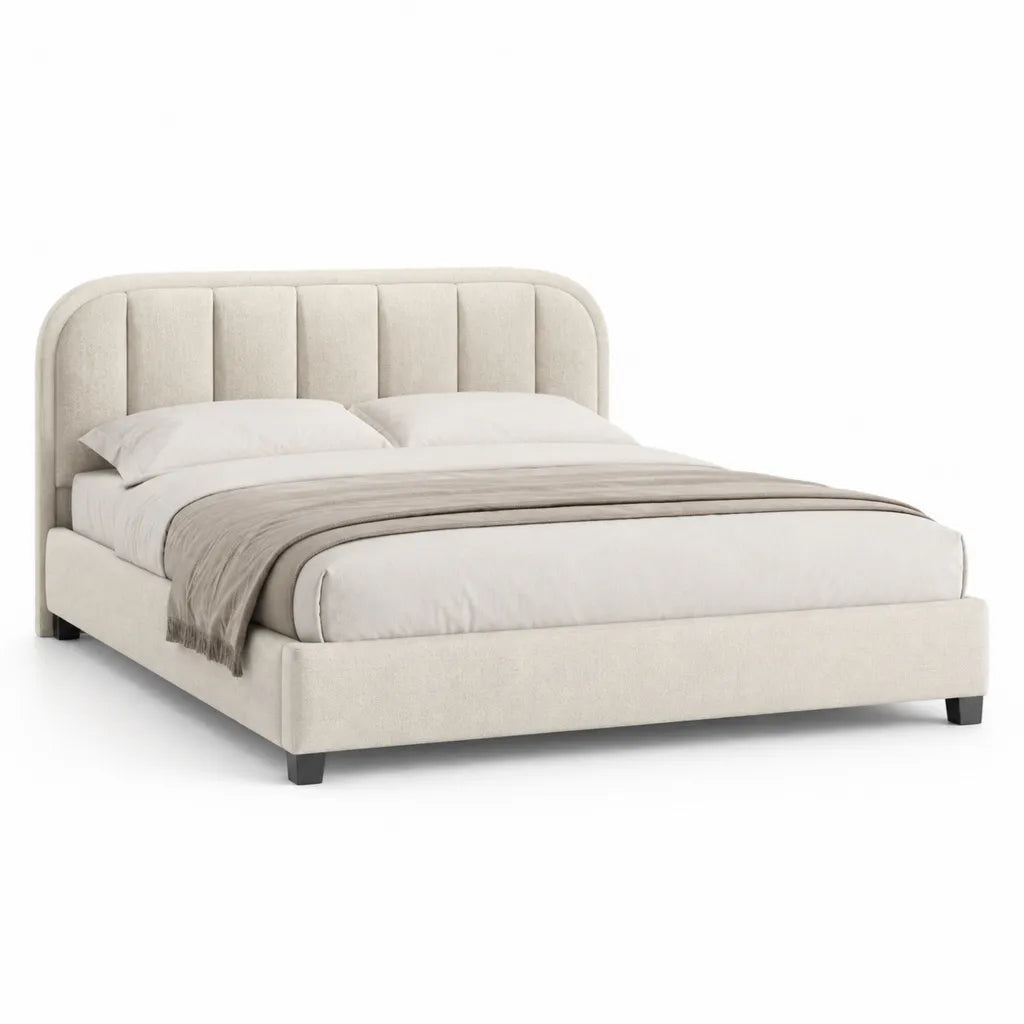 Lit double avec cadre rembourre en polyester beige tete de lit arrondie 160 x 200 cm