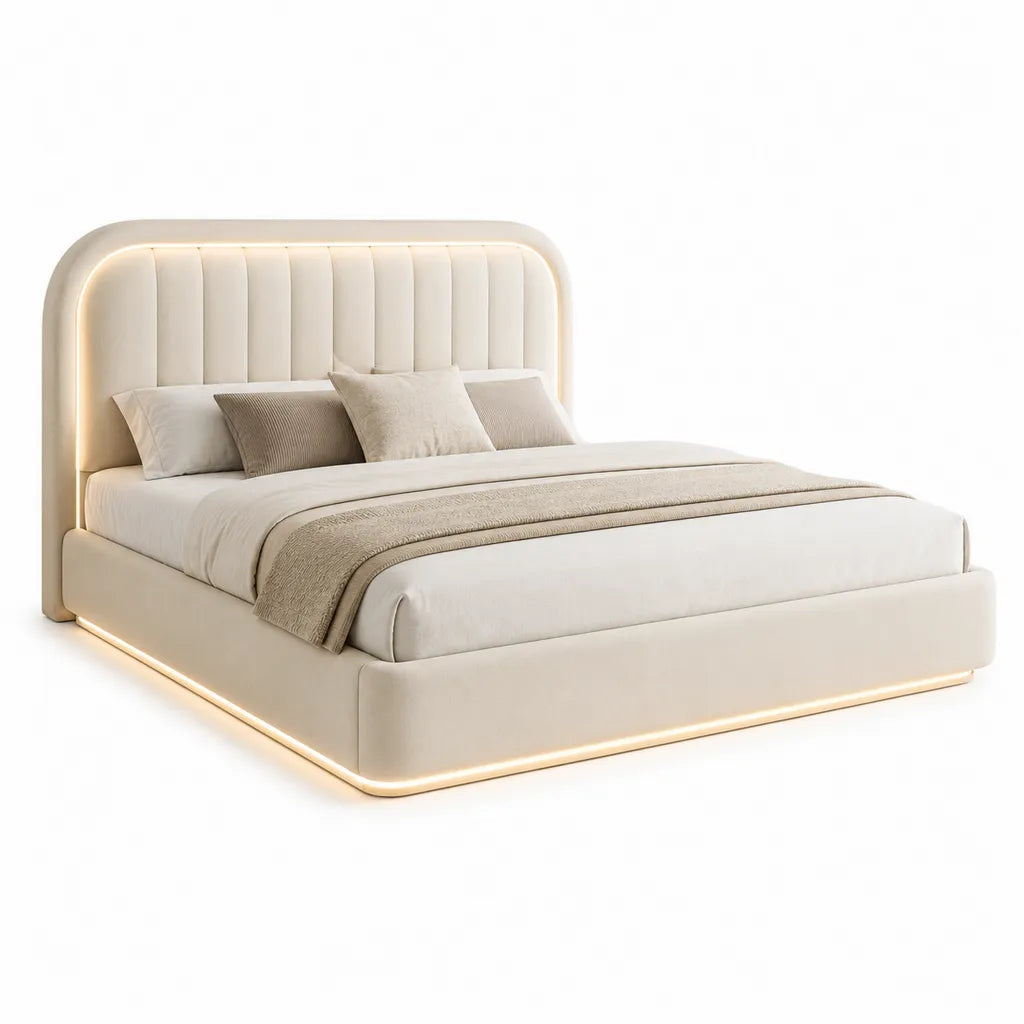 Lit double 160 x 200 cm capitonne avec eclairage LED integre en polyester creme