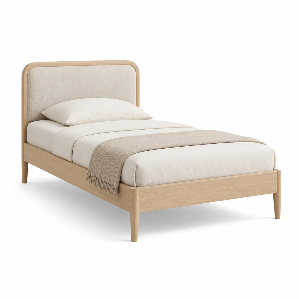 Cadre de lit 1 place 90 x 190 cm avec tete de lit rembourree en chene clair