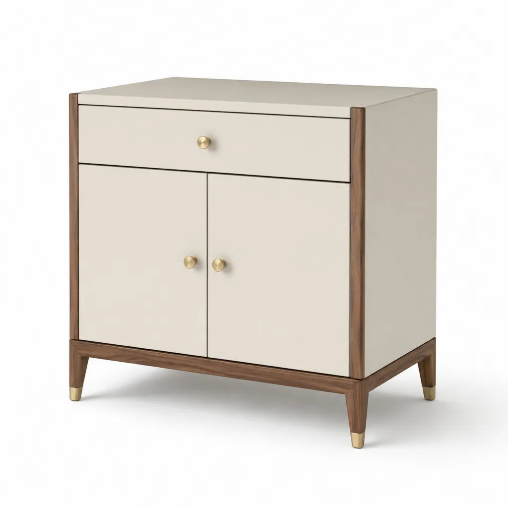 Table de chevet rectangulaire 60 x 40 x 65 cm en MDF creme et bois massif brun avec tiroir et 2 portes