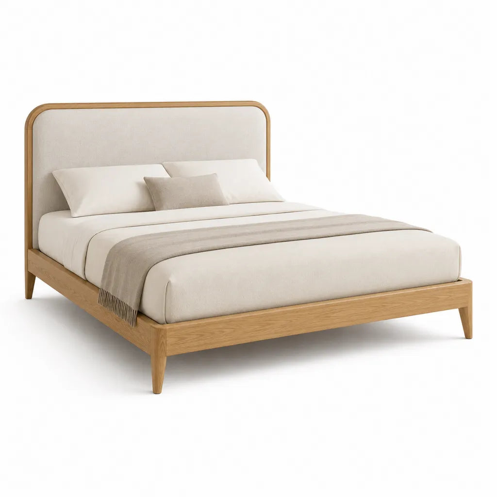 Lit double cadre de lit rectangulaire en chene massif avec tete de lit rembourree beige 160 x 200 cm