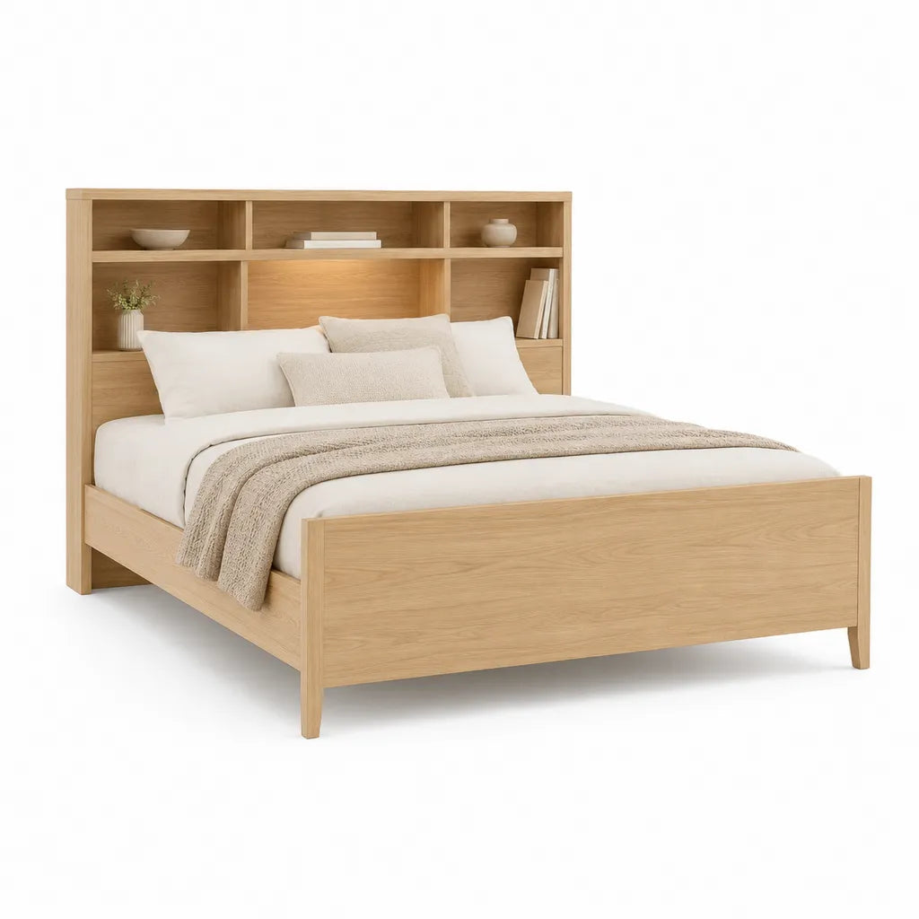 Lit adulte rectangulaire 160 x 200 cm avec tete de lit bibliotheque en panneaux de particules decor chene naturel