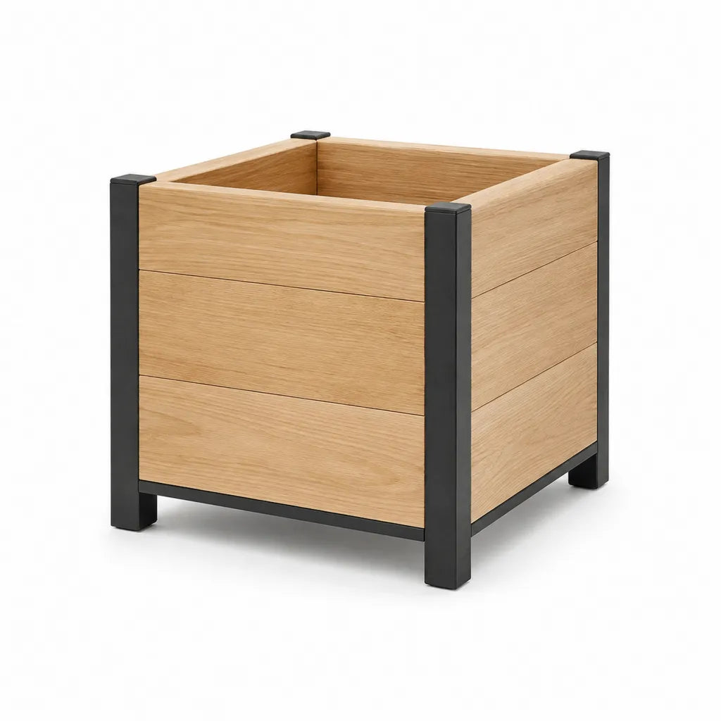 Bac a fleurs carre 40 x 40 x 50 cm en bois massif et acier thermolaque chene naturel noir