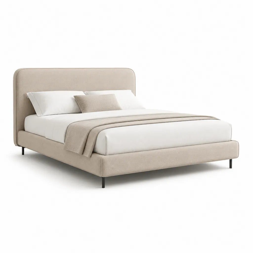 Lit double 160 x 200 cm avec cadre rembourre en polyester beige et pieds noirs