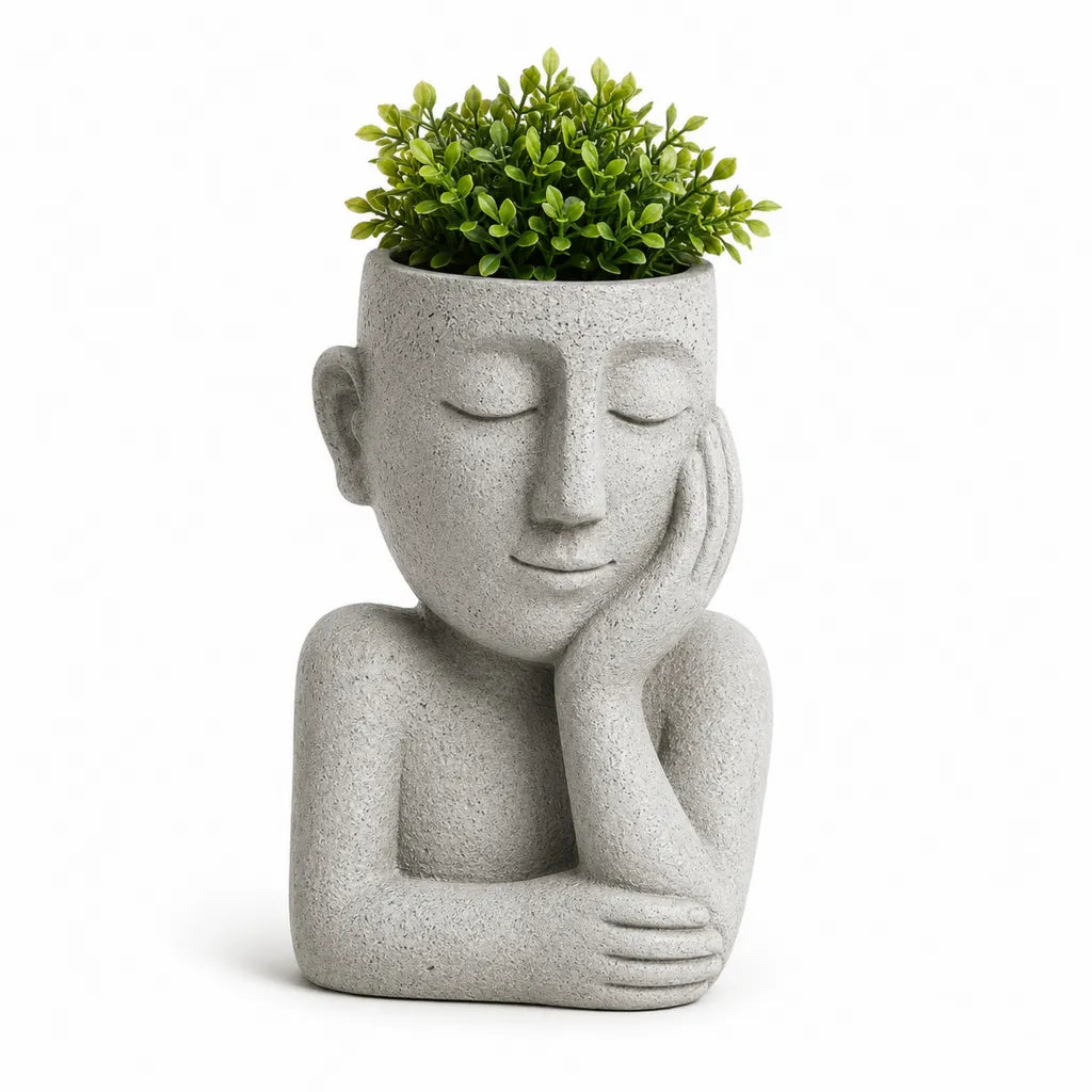 Pot de fleurs buste visage en polyresine gris 25 x 22 x 38 cm
