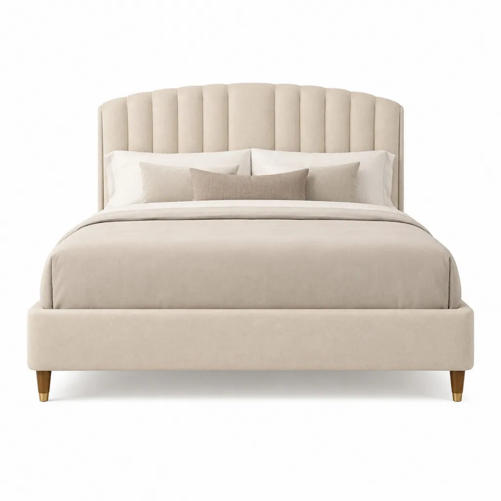 Lit double rembourre 160 x 200 cm en polyester beige clair avec tete de lit arrondie
