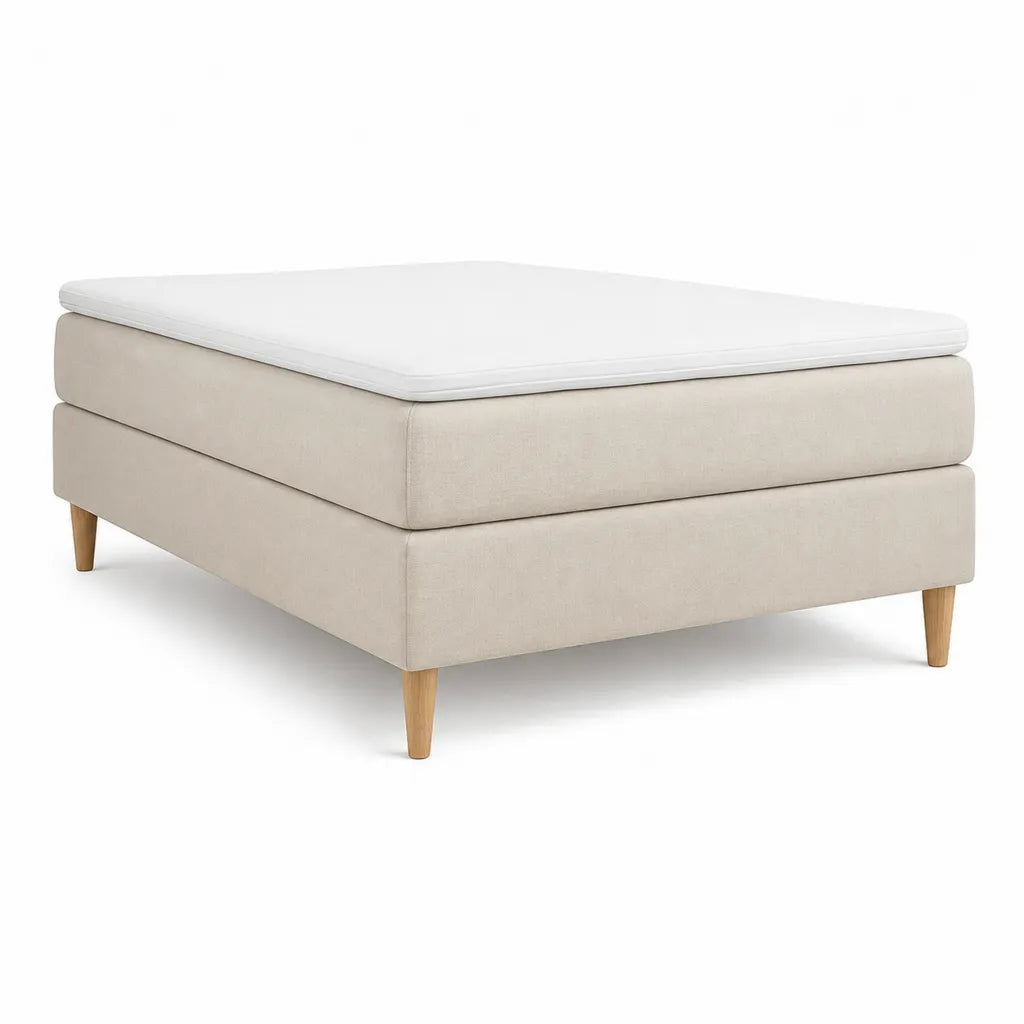 Ensemble lit double sommier tapissier et matelas 160 x 200 cm polyester beige blanc pieds en bois massif