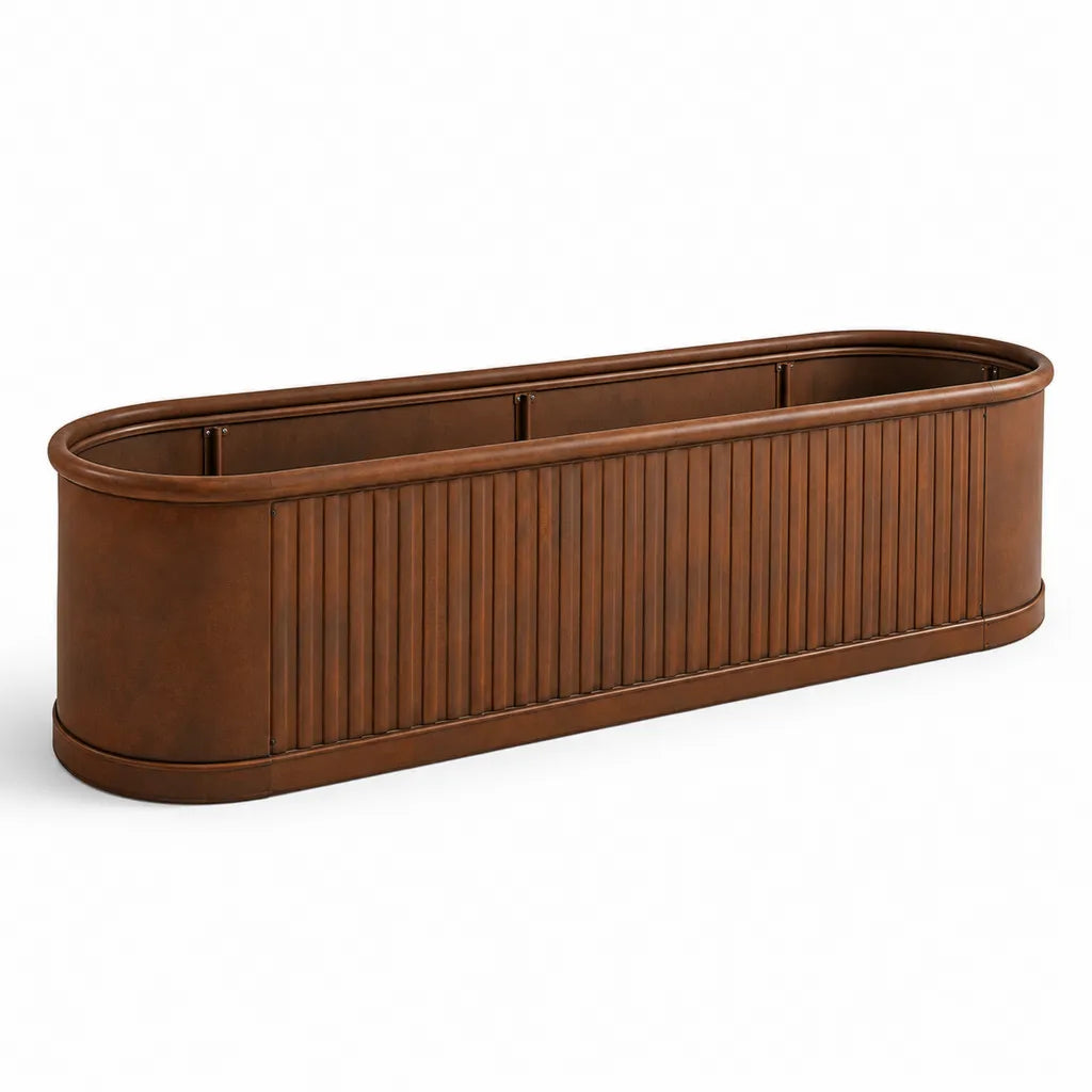 Jardiniere de jardin oblongue 120 x 40 x 50 cm en acier galvanise marron