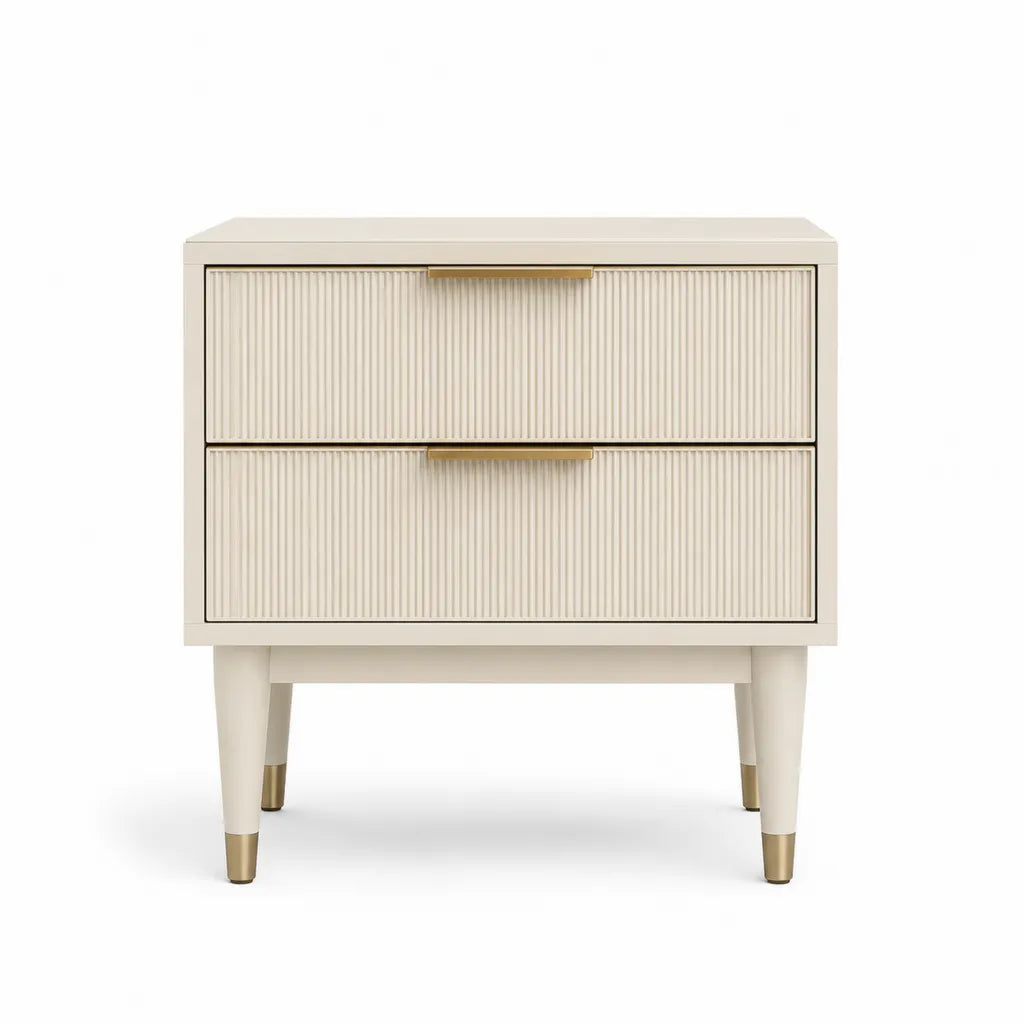 Table de chevet 2 tiroirs en MDF creme pieds en hevea massif 60 x 40 x 65 cm