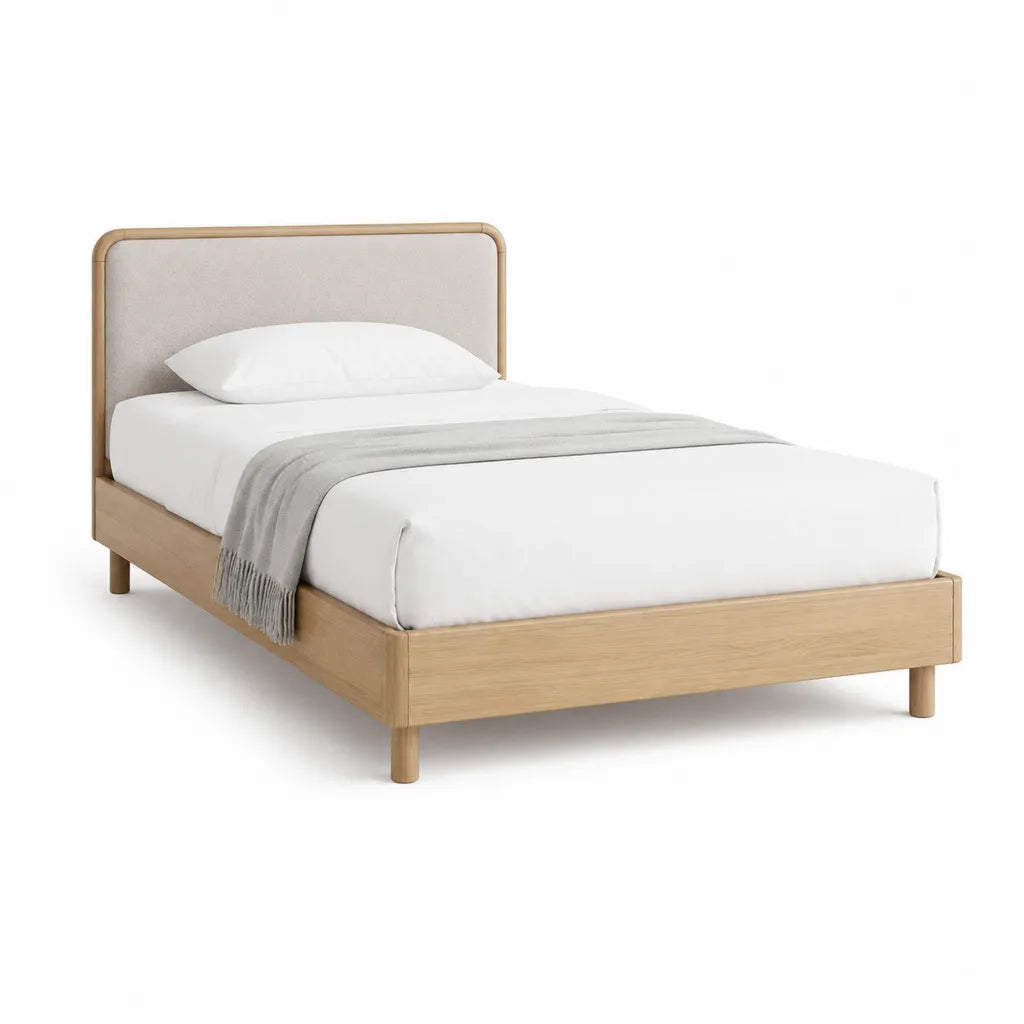 Cadre de lit 2 places 140 x 190 cm en bois massif naturel avec tete de lit capitonnee beige