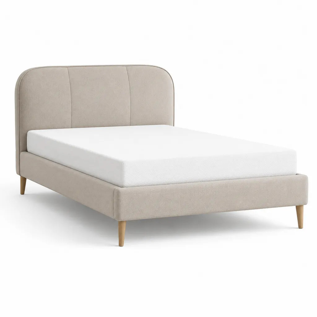 Lit double 160 x 200 cm cadre de lit capitonne en polyester beige avec tete de lit arrondie et pieds en bois massif