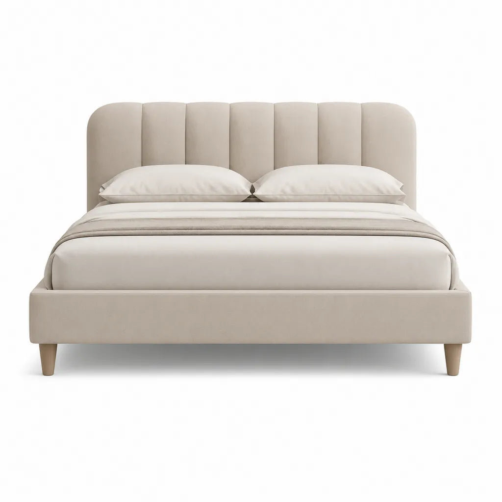 Lit double capitonne 160 x 200 cm en polyester beige avec tete de lit arrondie